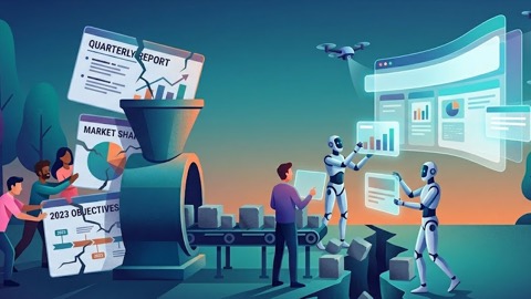 Illustratie van mensen en robots die samen aan rapporten en dashboards werken